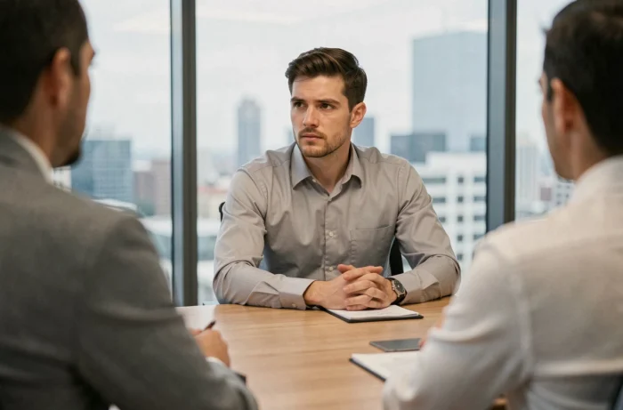 Homme en entretien d'embauche dans une salle de réunion moderne face à des recruteurs