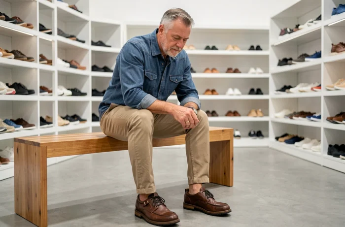 Homme essayant des chaussures de confort Scholl dans une boutique spécialisée, comparatif chaussures orthopédiques et confort podologique