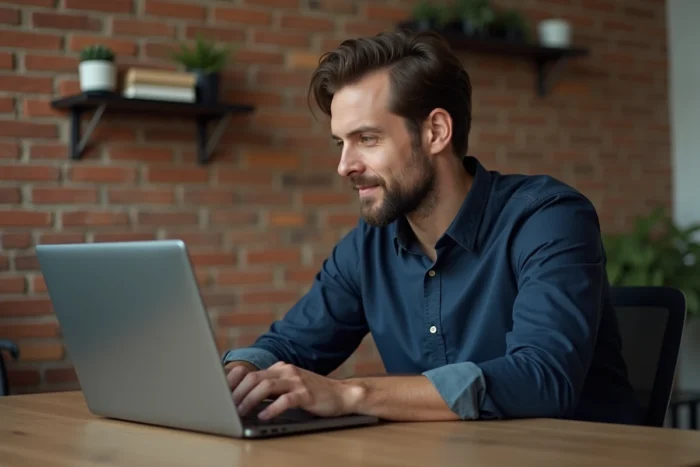 Homme en train d'explorer des contenus Instagram sur ordinateur portable dans un bureau à domicile, concept de visualisation anonyme de stories
