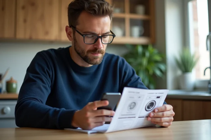 Homme consultant le manuel d'utilisation d'un lave-linge Valberg pour comprendre les symboles et pictogrammes d'essorage