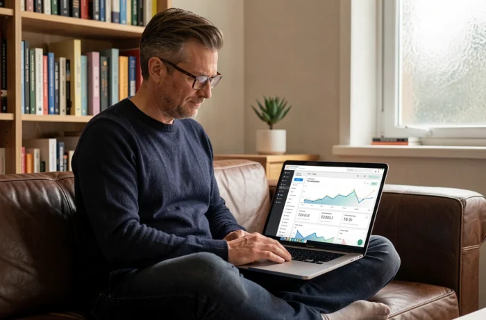 Homme travaillant sur l'optimisation SEO d'un site web professionnel depuis son bureau à domicile