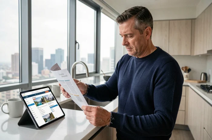 Homme organisant son voyage en comparant un itinéraire imprimé avec le plan de navigation d'un site web sur tablette