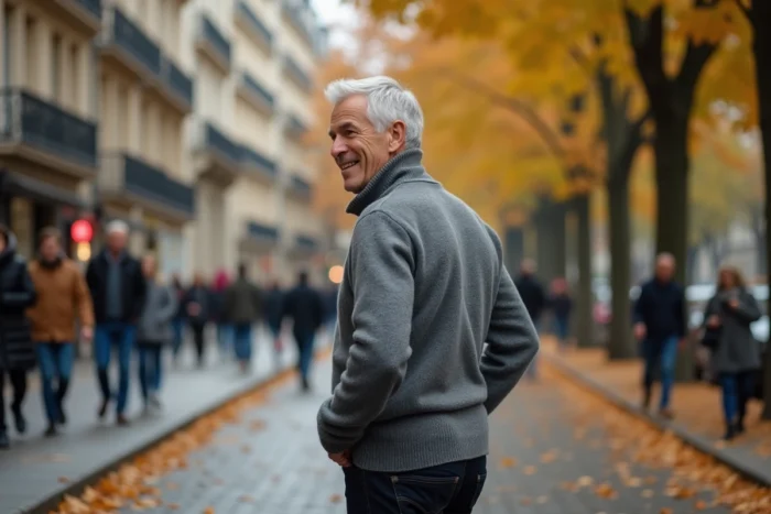 Homme aux cheveux argentés marchant sur un boulevard parisien en automne, image symbolisant la discrétion de la vie privée d'une figure publique