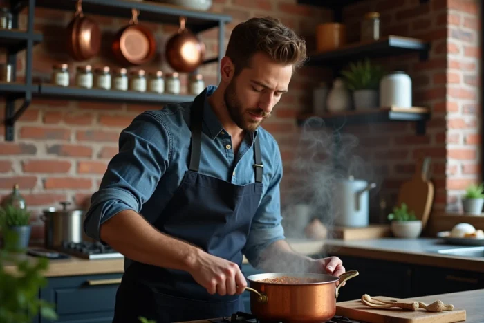 Homme remuant un ragoût dans une cocotte en cuivre dans une cuisine urbaine moderne avec briques apparentes
