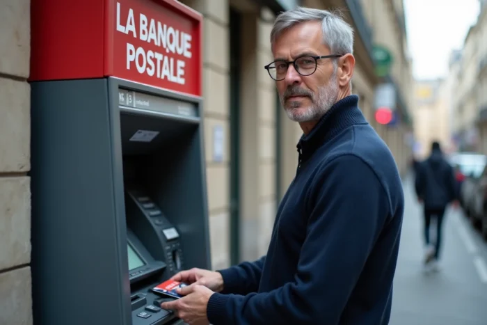 Homme effectuant un retrait à un distributeur automatique de la Banque Postale dans une rue parisienne, symbolisant la disponibilité des fonds