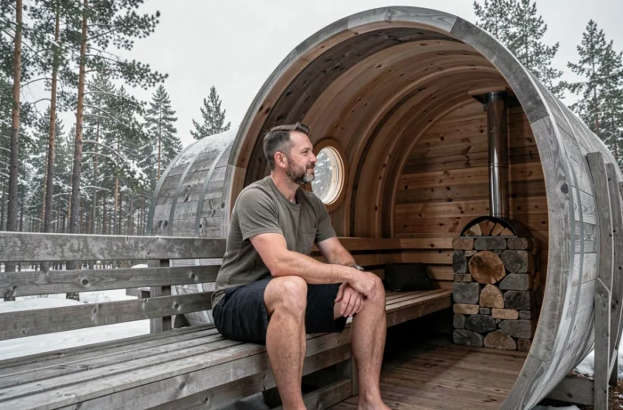 Homme en short de lin assis dans un sauna tonneau en bois de cèdre avec vue sur une forêt de pins enneigée
