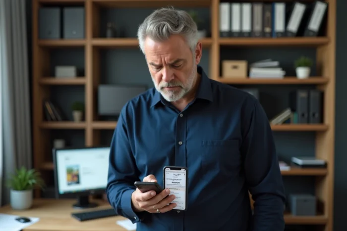 Homme tenant un smartphone avec une confirmation de paiement en plusieurs fois Amazon, exprimant de la méfiance envers AMZ Installments