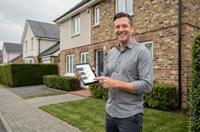 Homme souriant tenant une tablette avec des annonces immobilières devant une maison résidentielle neuve dans un quartier pavillonnaire