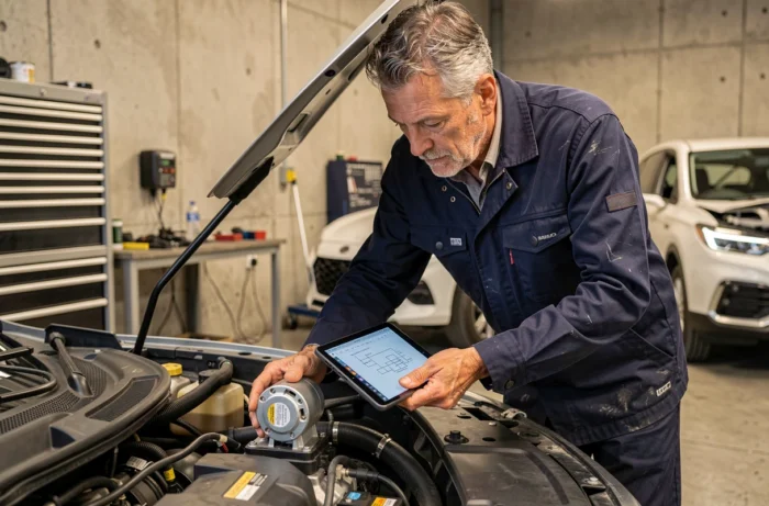 Ingénieur automobile examinant un moteur hybride dans un laboratoire de recherche et développement