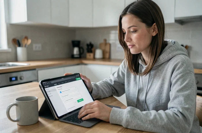 Femme inscrivant un compte sur une plateforme automobile depuis une tablette à domicile