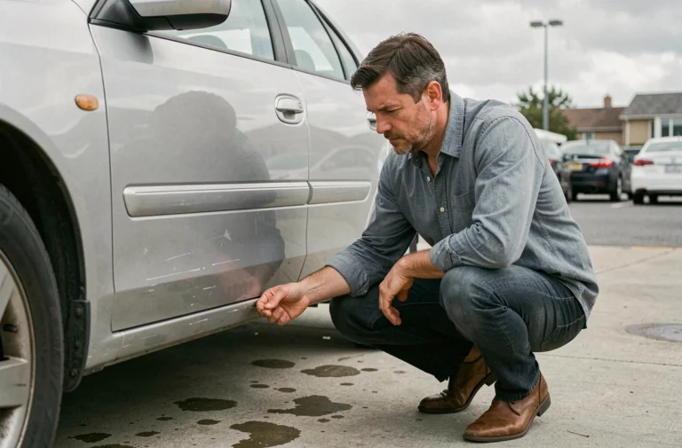 Homme inspectant la carrosserie d'une voiture d'occasion dans un parking de concessionnaire