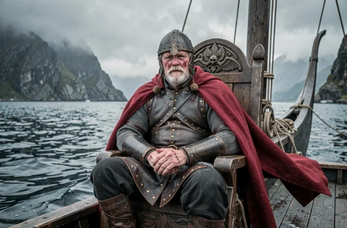 Reconstitution d'un chef viking trônant sur une drakkar viking amarré dans un fjord scandinave brumeux, représentant le pouvoir d'Ivar le Désossé