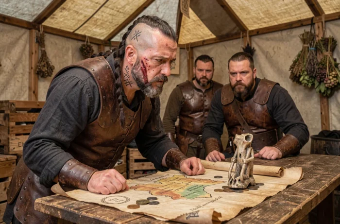 Trois guerriers vikings en train de planifier une stratégie militaire autour d'une carte ancienne dans une tente de guerre nordique, scène évoquant les conquêtes d'Ivar le Désossé