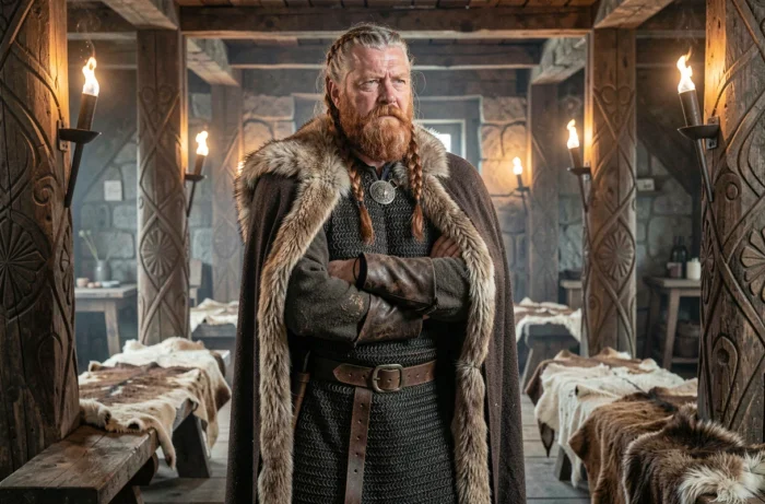Reconstitution historique d'un guerrier viking imposant dans un grand hall nordique en bois, évoquant le chef légendaire Ivar le Désossé