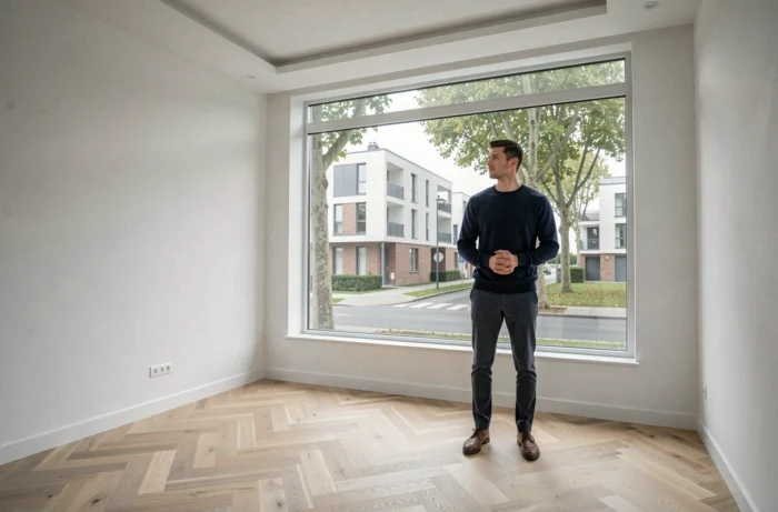 Jeune acheteur contemplant son futur appartement neuf livré à Quimper
