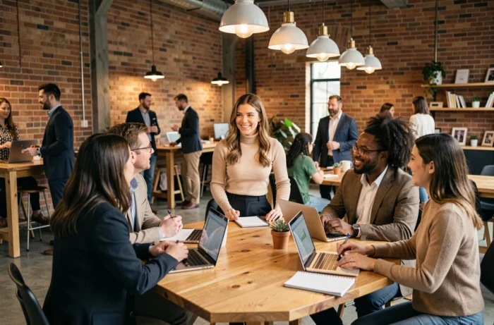 Jeune professionnelle en réseau avec des collègues dans un espace de co-working animé