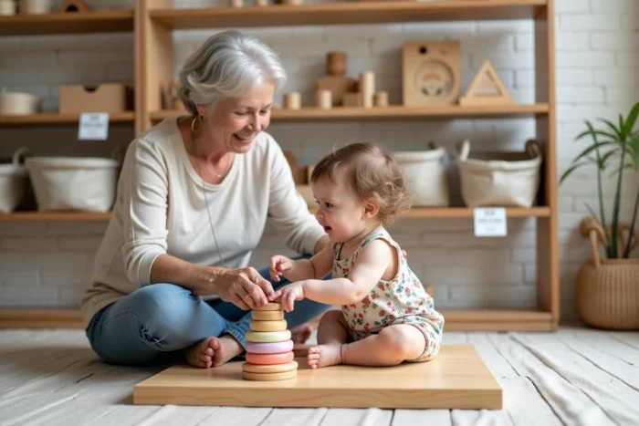 Grand-mère et petite-fille découvrant des jouets en bois montessori dans une boutique de puériculture moderne, entourées des dernières nouveautés pour bébés
