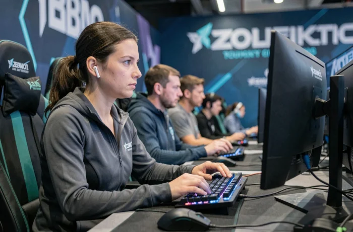 Joueuse professionnelle concentrée lors d'un tournoi esport dans une salle compétitive avec équipement gaming haut de gamme