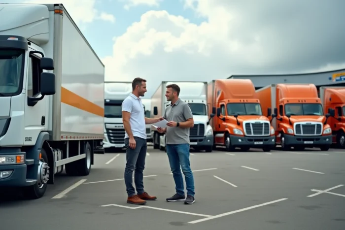 Agent de location remettant les papiers d'un camion 12m3 à un client dans un parking d'agence