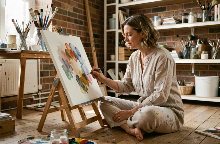 Femme peignant à l'aquarelle dans un atelier créatif fait maison, entouré de pinceaux et de matériaux artistiques