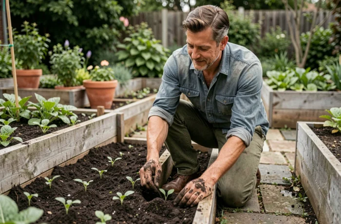 Homme jardinant dans un potager aménagé, plantant des semis dans un sol riche entouré de bacs en bois