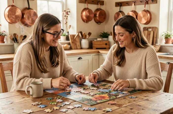 Deux amies assemblant un puzzle ensemble à une table de cuisine chaleureuse et conviviale