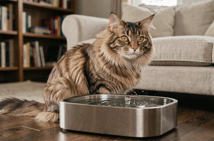 Maine Coon roux assis près d'une fontaine à eau en acier inoxydable sur un parquet en bois sombre