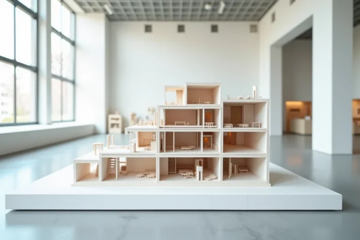 Maquette architecturale en coupe transversale exposant les niveaux intérieurs d'un bâtiment moderne dans une galerie d'école d'architecture