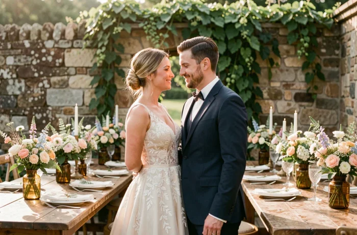 Mariés souriants lors d'une réception de mariage champêtre en plein air avec décoration florale rustique et tables en bois