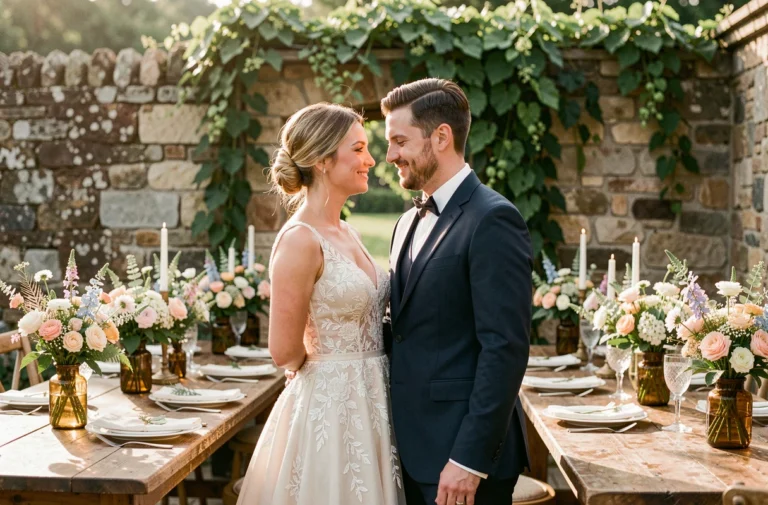 Mariés souriants lors d'une réception de mariage champêtre en plein air avec décoration florale rustique et tables en bois