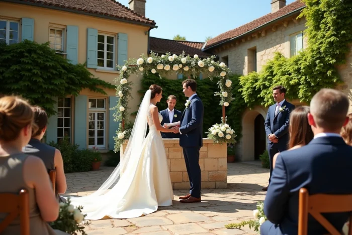 Cérémonie de mariage élégante dans la cour d'un château français, couple en tenue formelle échangeant des vœux devant un autel fleuri de roses blanches