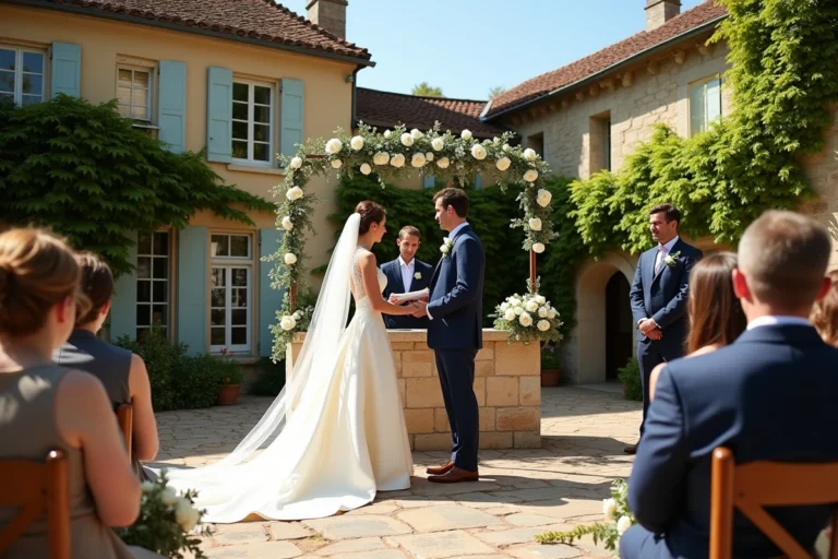 Cérémonie de mariage élégante dans la cour d'un château français, couple en tenue formelle échangeant des vœux devant un autel fleuri de roses blanches