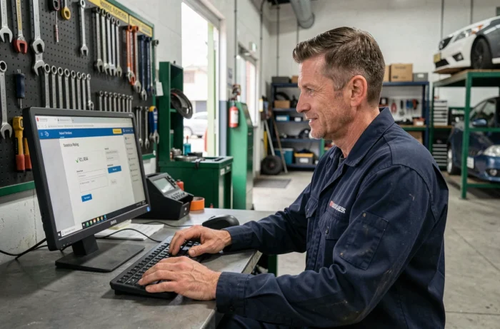 Mécanicien créant un compte Autossimo sur ordinateur dans un garage automobile professionnel