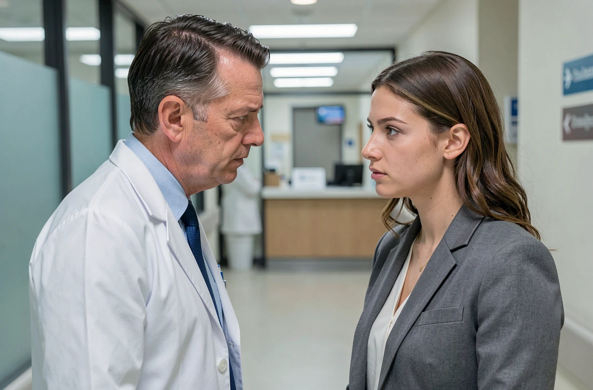 Médecin et psychologue en discussion confidentielle dans un couloir d'hôpital sur le secret professionnel