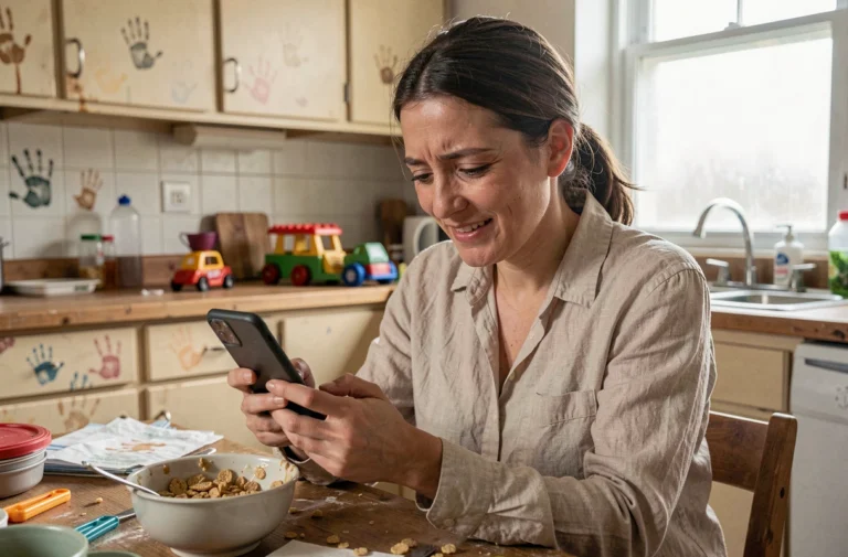 Mère épuisée souriante en lisant un blog parenting honnête sur son téléphone dans une cuisine en désordre le matin