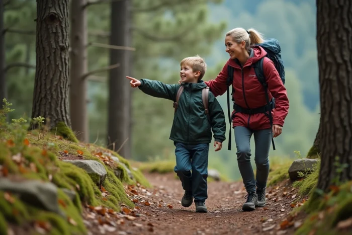 Mère et fils en randonnée sur un sentier forestier, tous deux en tenue de plein air légère avec des sacs à dos, partageant un moment de découverte de la nature