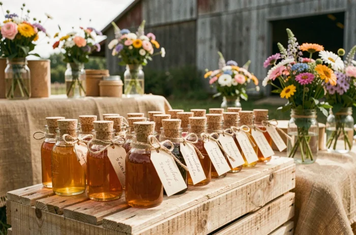 Mini-bouteilles en verre recyclé avec bouchons en liège et étiquettes manuscrites utilisées comme cadeaux invités lors d'un mariage