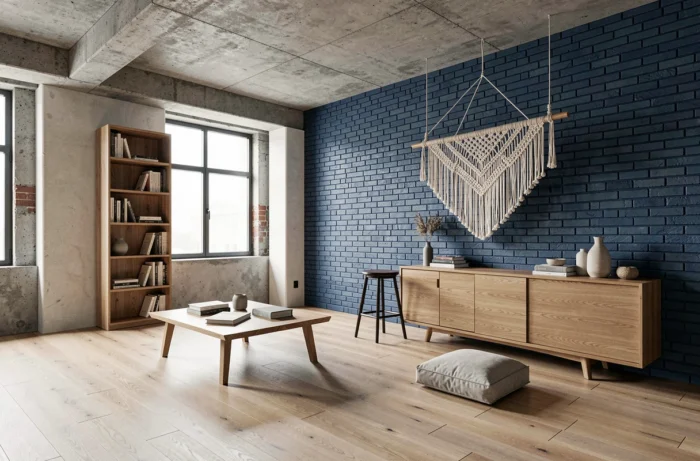 Pièce de vie avec mobilier asymétrique à hauteurs variées : étagère haute, table basse japonaise, tabouret et étagère suspendue en macramé