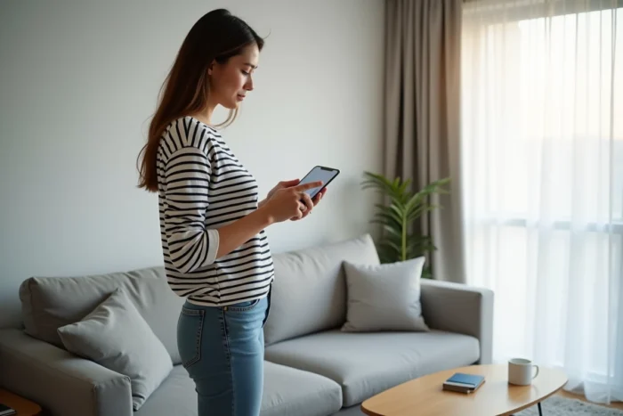 Jeune femme naviguant sur un site d'actualités en ligne depuis son smartphone dans un appartement moderne