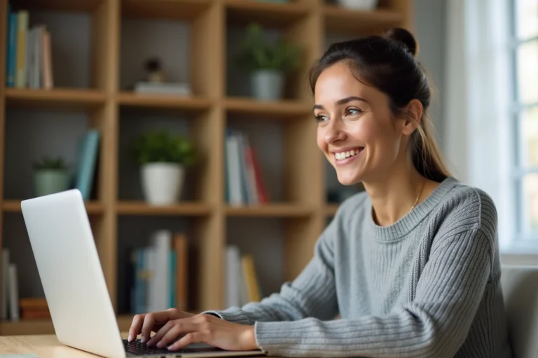 Jeune femme naviguant sur le site Kids Sitter depuis un ordinateur portable dans un bureau à domicile cosy