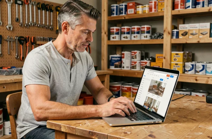 Homme parcourant les rubriques d'un site de bricolage sur un ordinateur portable dans un atelier maison organisé