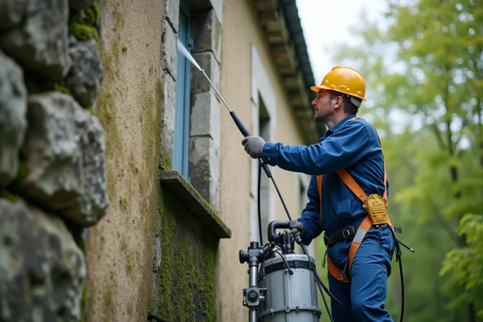 Technicien professionnel en train de nettoyer une façade en pierre calcaire avec un nettoyeur haute pression sur une plateforme élévatrice