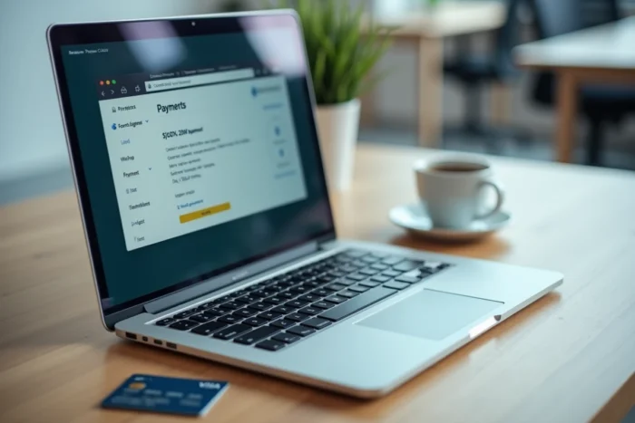 Gros plan d'un ordinateur portable affichant des options de paiement en plusieurs fois avec une carte de crédit posée à côté, questionnant la fiabilité d'AMZ Installments