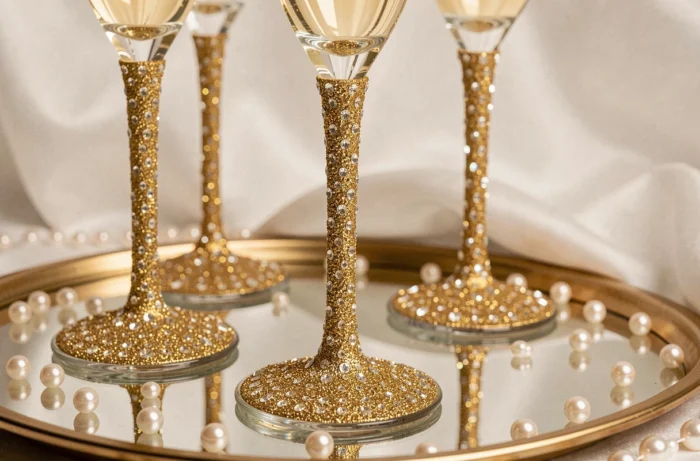 Flûtes à champagne avec pieds recouverts de paillettes dorées et de strass scintillants sur un plateau miroir