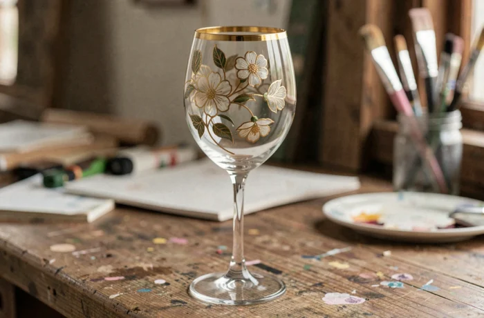Verre à vin peint à la main avec des motifs floraux et des contours dorés sur une table en bois rustique