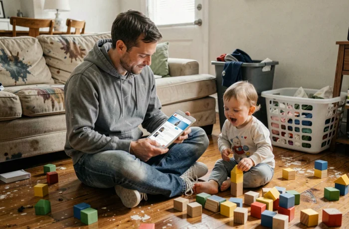 Père assis par terre avec sa tablette lisant un article de blog parental honnête pendant que son enfant joue à côté de lui
