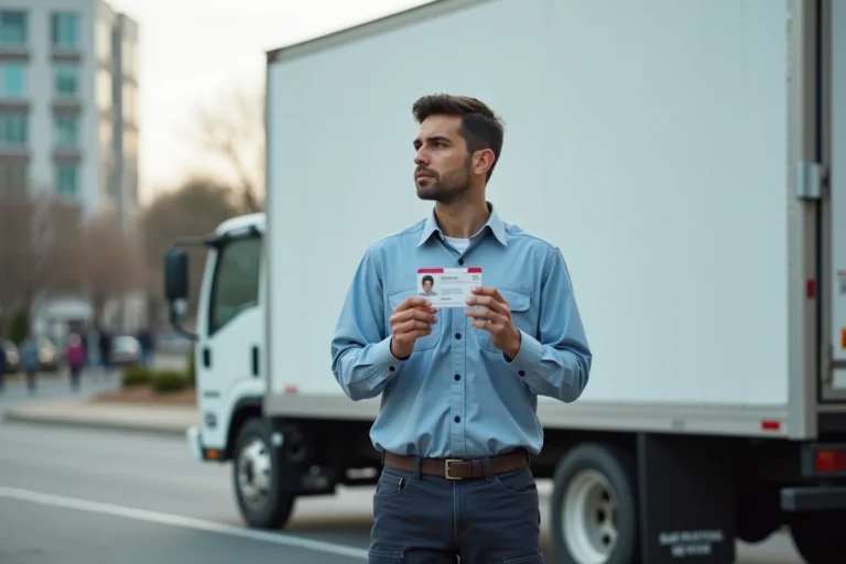 Homme tenant un permis de conduire devant un camion 12m3 blanc garé en zone commerciale