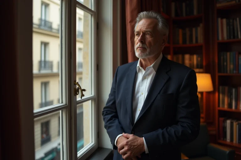Portrait d'un homme distingué dans un appartement parisien, illustrant la vie privée d'une personnalité publique française