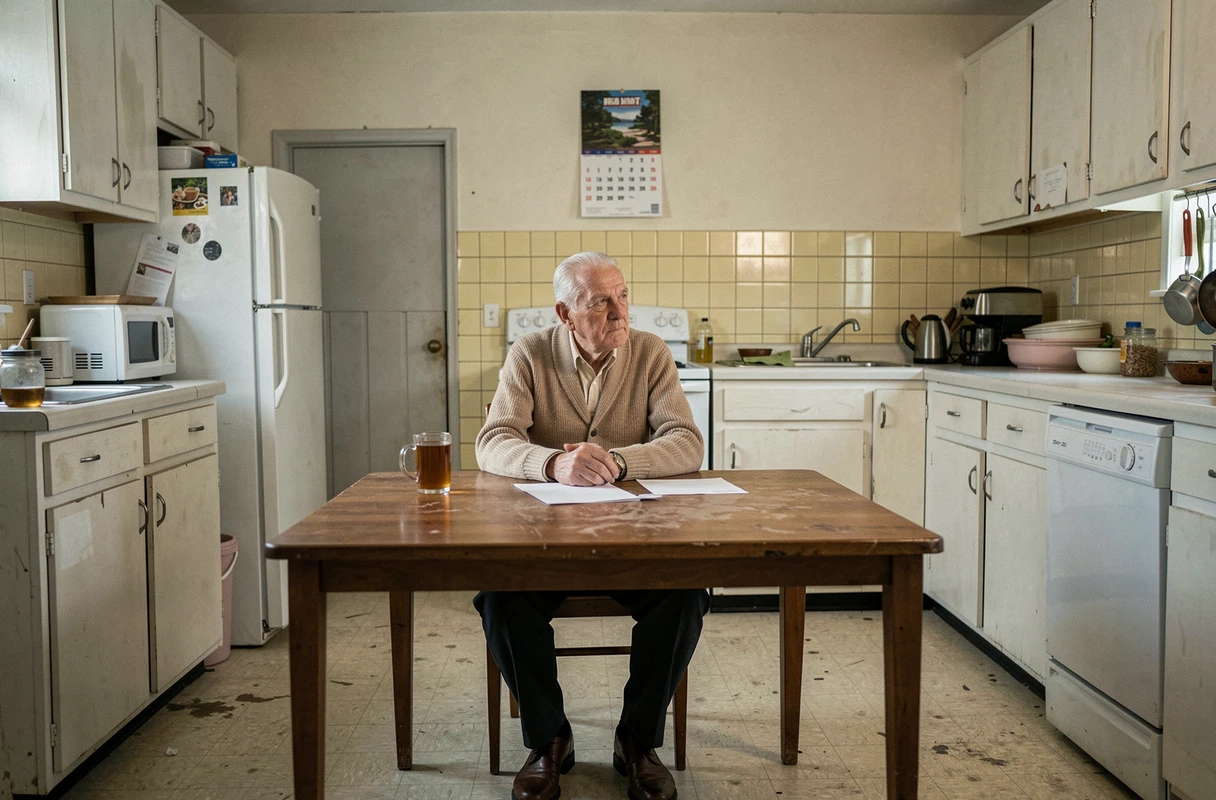 Personne âgée vulnérable isolée dans sa cuisine, illustrant le besoin de signalement et de protection