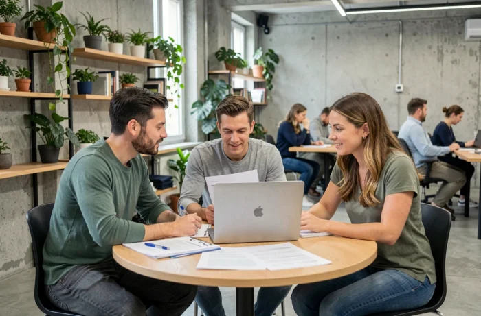 Petite équipe de professionnels collaborant autour d'une table dans un espace de coworking moderne